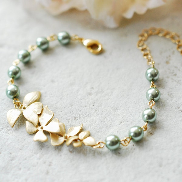 Reserved for Clodagh. Sage Green Pearl Bracelet with Gold Flowers, Sage Green Wedding Bridal Jewelry, Bridesmaid Gift, Adjustable Bracelet