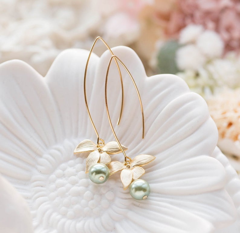 Sage Green Pearl Gold Orchid Flower Earrings, Olive Green Sage Wedding Bridal Earrings, Bridesmaid Earrings, Gift for Her, Gift for Women image 3