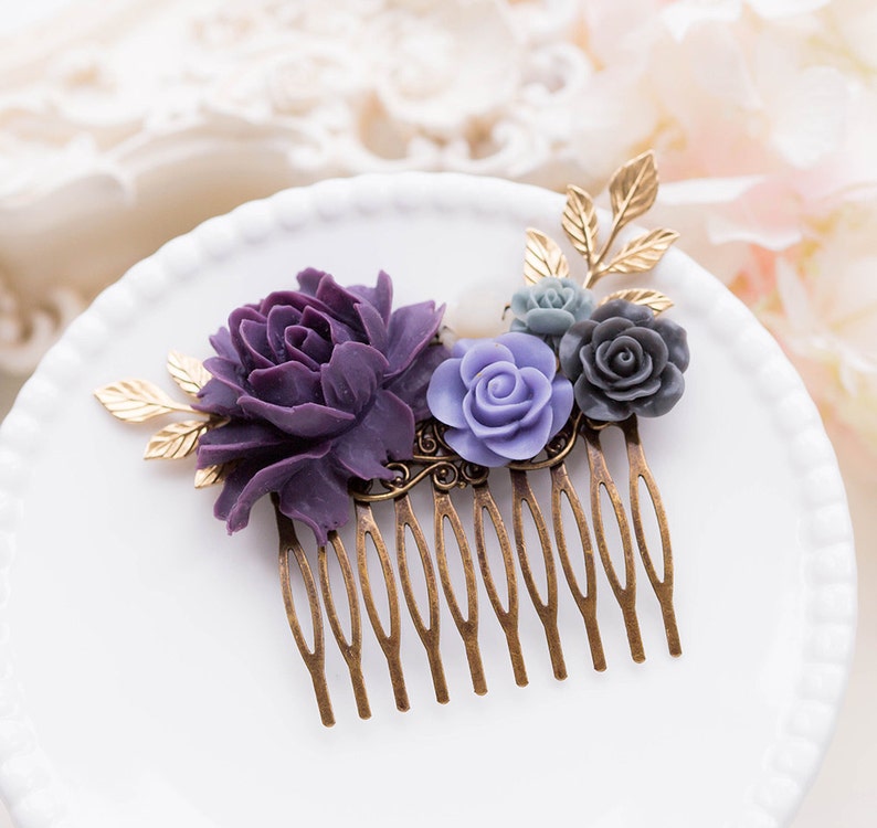 Purple Wedding Hair Comb Purple Grey Ivory Floral Bridal Hair Comb Gold Leaf Branch Bridal Hair Piece Bridesmaid Gift