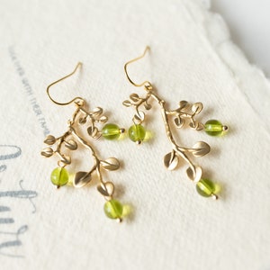 Peridot Green Earrings, Gold Leaf Tree Branch Dangle Earrings, chandelier Earrings, Summer Jewelry, Plant, Nature, August Birthstone image 7