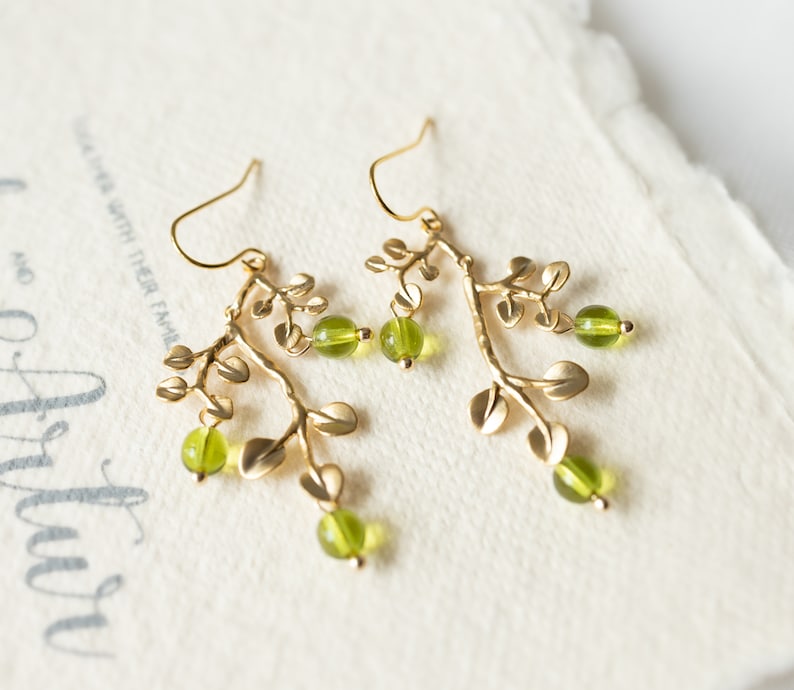 Peridot Green Earrings, Gold Leaf Tree Branch Dangle Earrings, chandelier Earrings, Summer Jewelry, Plant, Nature, August Birthstone image 7