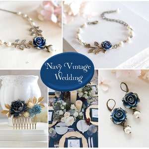 Navy Blue Wedding Bridal Bracelet Dark Blue Rose Flower Brass Leaf Branch Beaded Cream Ivory Pearl Bracelet Flower Girl Bridesmaid Bracelet image 5