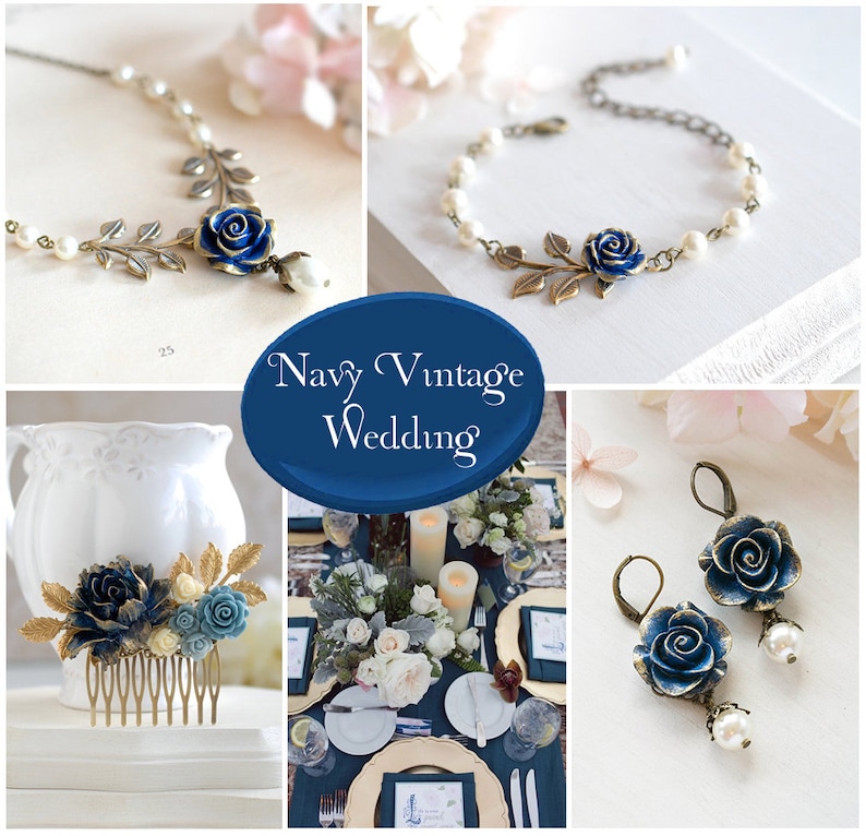 Navy Blue Wedding Bridal Bracelet Dark Blue Rose Flower Brass Leaf Branch Beaded Cream Ivory Pearl Bracelet Flower Girl Bridesmaid Bracelet image 5