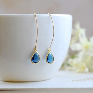 Navy Blue Drop Earrings, Gold Plated Montana Blue Sapphire Blue Teardrop Long dangle Earrings, Wedding Bridal Jewelry, Bridesmaid Gift image 1