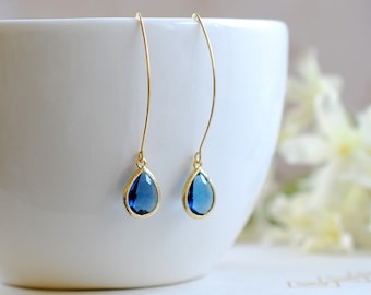 Navy Blue Drop Earrings, Gold Plated Montana Blue Sapphire Blue Teardrop Long dangle Earrings, Wedding Bridal Jewelry, Bridesmaid Gift