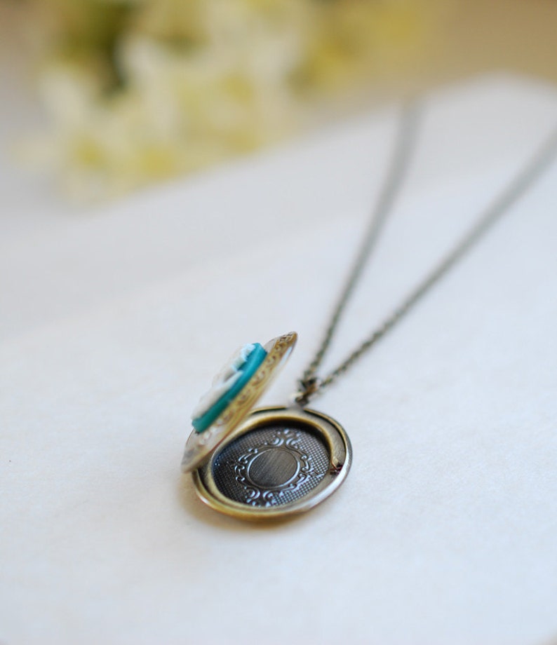 Teal Ivory Cameo Oval Locket Necklace. Antiqued Brass Locket Etsy