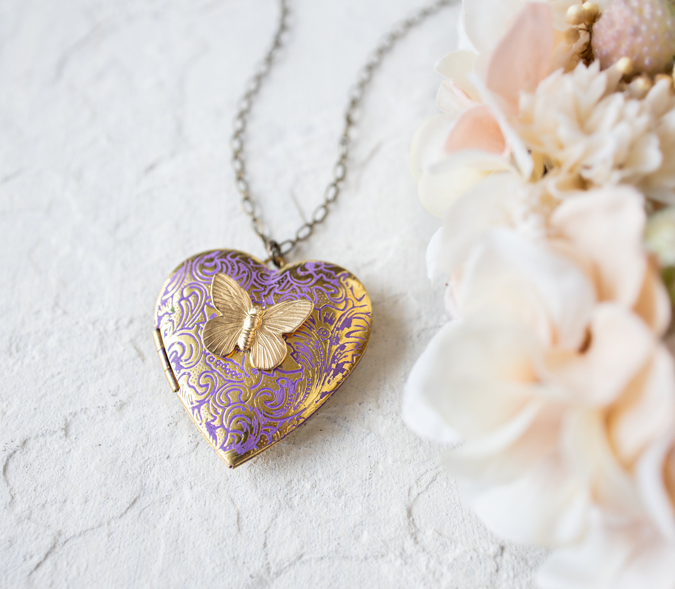 Purple Heart Locket Necklace Butterfly 