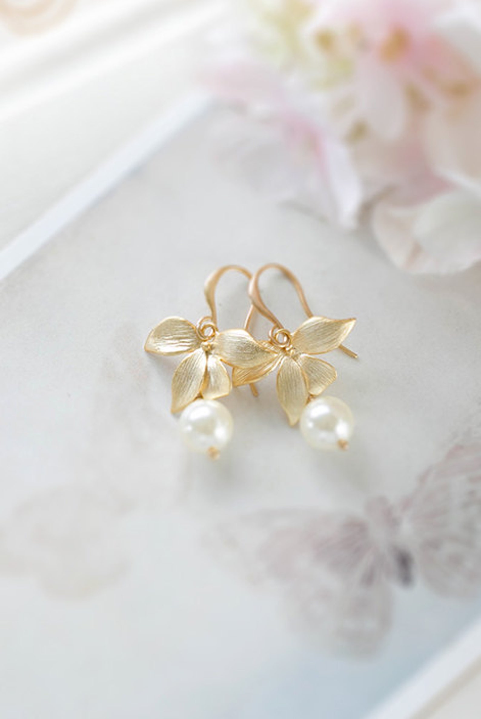 Gold Orchid Flower Round Cream White Pearl Bridal Earrings Etsy