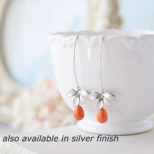 Orange Coral Pearl Earrings, Gold Orchid Flower Dangle Earrings, Coral Wedding Jewelry, Bridesmaid Gift, Gift for Wife Daughter Sister Mom image 5