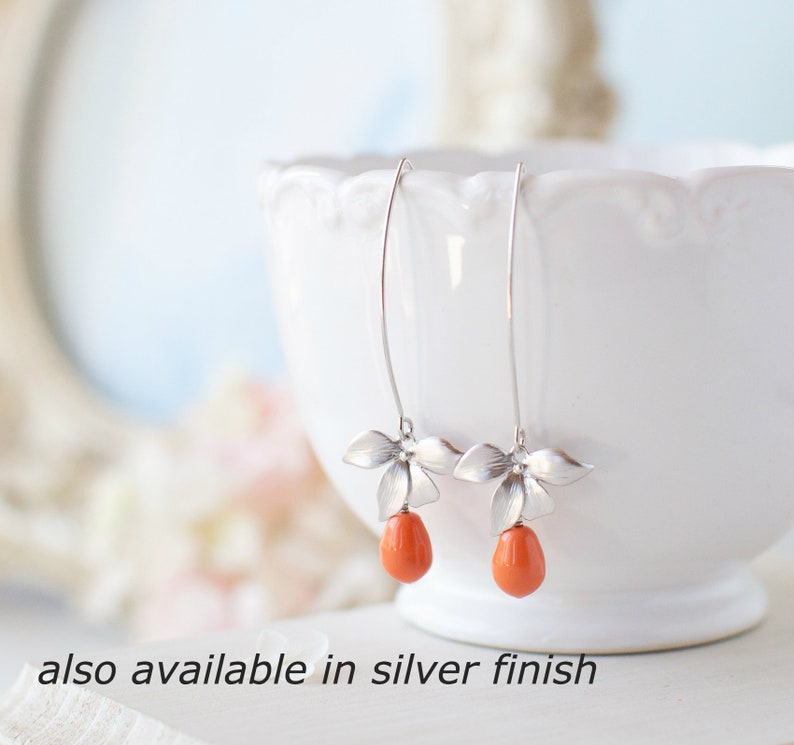 Orange Coral Pearl Earrings, Gold Orchid Flower Dangle Earrings, Coral Wedding Jewelry, Bridesmaid Gift, Gift for Wife Daughter Sister Mom image 5