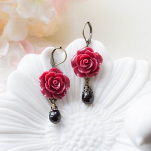 Dark Red Earrings, Maroon Burgundy Marsala Flower Black Teardrop Pearl Dangle Earrings Wedding Jewelry Bridesmaid Gift Valentines day gift image 2