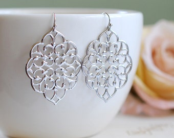 Large silver Filigree Earrings. Boho Chic Moroccan Bohemian Silver Filigree Dangle Earrings