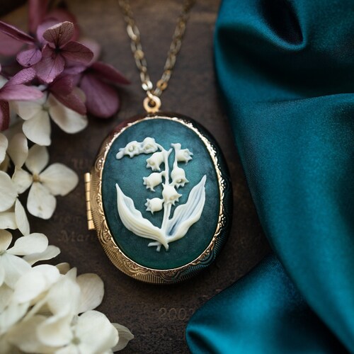Lily of the Valley Locket Necklace: Teal Floral Cameo, Personalized Photo