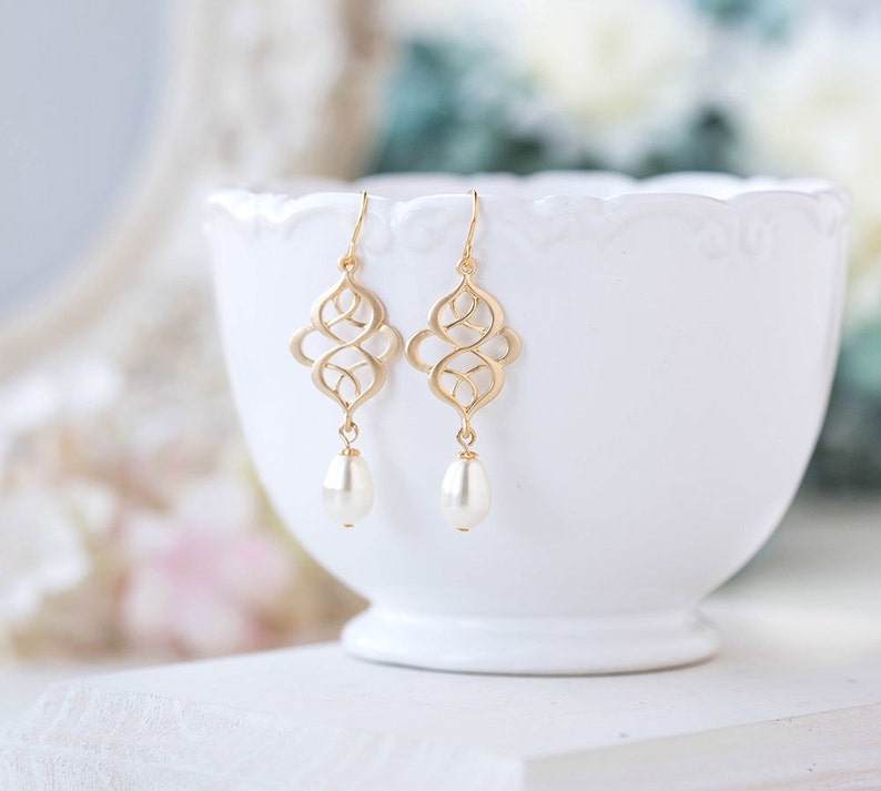 Matte Gold Celtic Knot Earrings Filigree Cream White Teardrop Pearl Dangle Earrings Wedding Bridal Earring Eternity infinity jewelry image 1