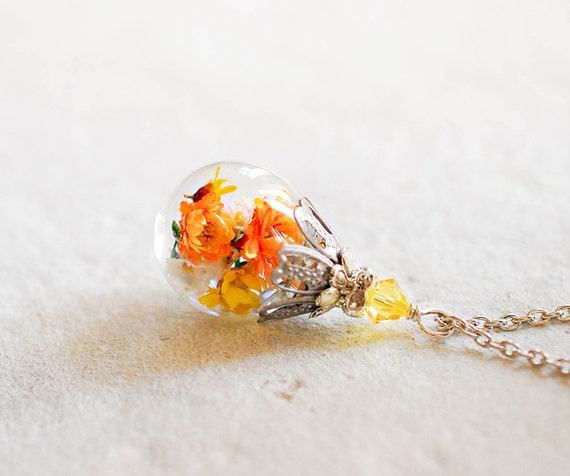 White and Orange REAL Flower Pendant