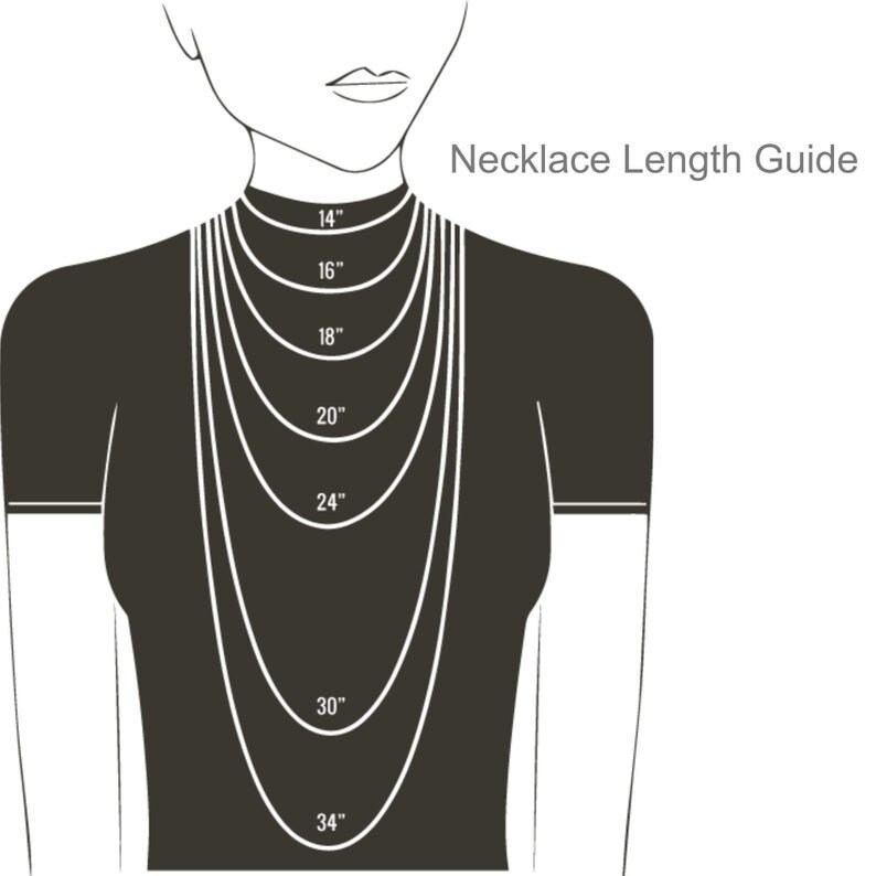 May include: A diagram showing different necklace lengths on a model, ranging from 14 inches to 34 inches.