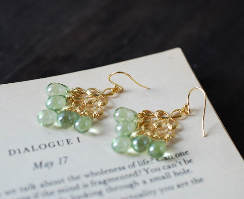 Mint Green Glass Drops Chandelier Earrings. Mint Green Czech Glass Drops, Gold Peacock Feather Chandelier Earrings. Summer Accessory image 3