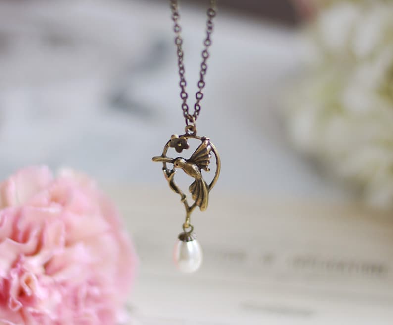 Hummingbird Necklace. Teardrop Cream Pearl Antique Brass Hummingbird Pendant Necklace. Hummingbird Jewelry, Birthday gift for mom image 5