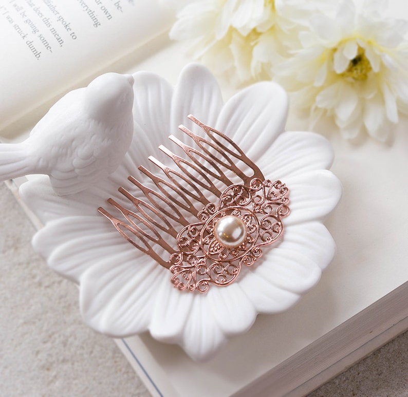 Bridesmaid Gift Rose Gold Wedding Bridal Hair Comb Rose Gold Hair Comb Winter Fall Autumn Wedding Filigree Champagne Pearl Comb