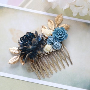 Navy Blue Bridal Hair Comb, Gold Navy Blue Wedding, Something Blue Wedding, Flower Hair Comb, Gold Dusky Blue Ivory Rose Gold Leaf Hair Comb image 2