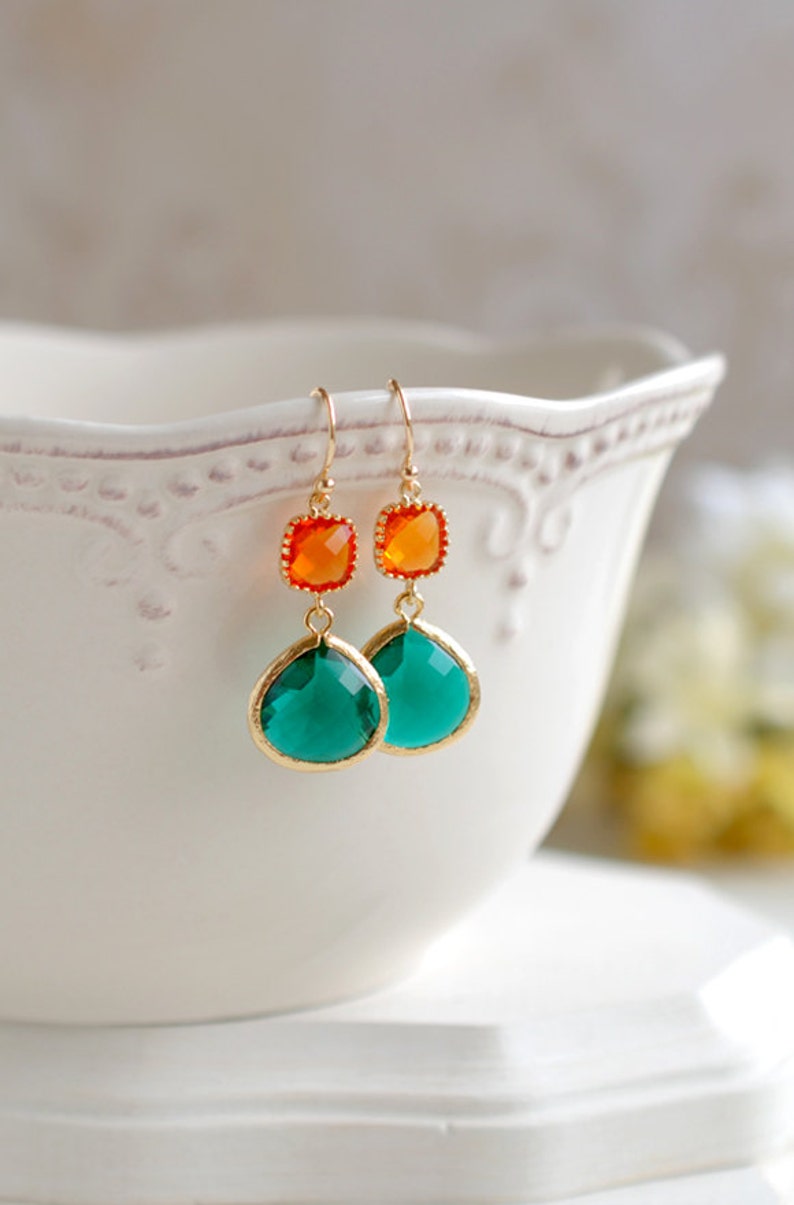 Orange and Emerald Green Earrings Gold Plated Orange and Etsy