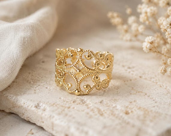 Victorian Gold Filigree Ring, Lace Band Ring, Vintage Inspired Statement Ring, Romantic Antique Style Jewelry Gift for Her