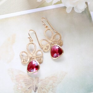 Fuchsia Pink Ruby Gold Dangle Earrings, Swirly Filigree Drop Earrings, Red Pink Wedding Jewelry, Bridal Earrings, Bridesmaid Gift image 4
