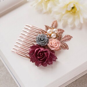 Rose Gold Bridal Hair Comb Maroon Burgundy Dark Red Wedding Hair Comb Red Gray Dusty Pink Flower Pearl Rhinestone Fall Autumn Wedding Comb image 3