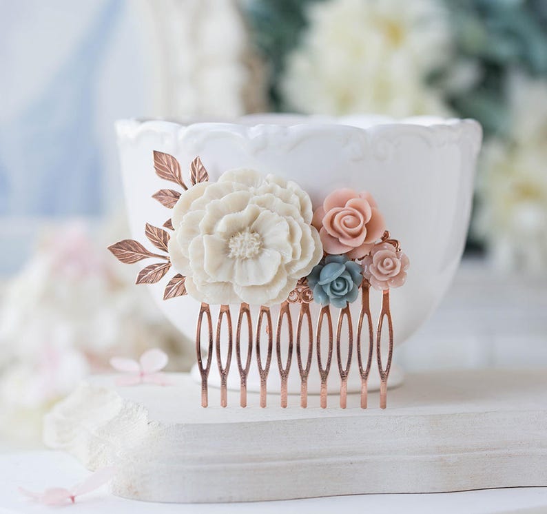 Rose Gold Hair Comb White Blush Pink and Dusty Blue Hair Piece White Peony Bridesmaid Gift Rose Gold Branch Floral Collage Chartreuse Poppy