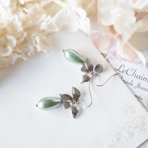 Light Green Pearl Earrings, Soft Green Pearl Earrings, Sage Green Pearl Earrings, Teardrop Green Pearl Earrings, Silver Flower Earrings image 8