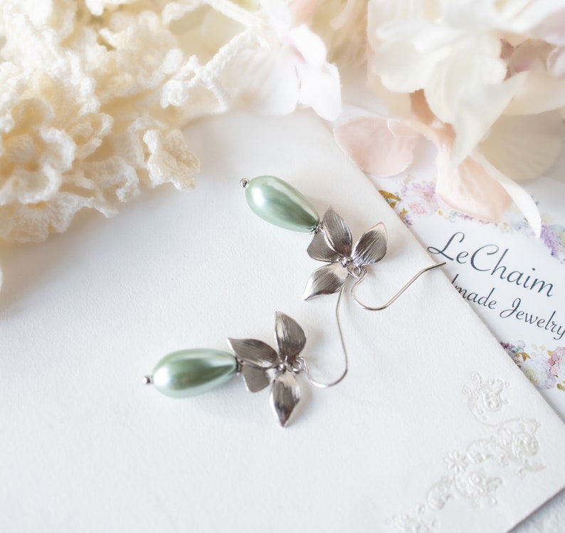 Light Green Pearl Earrings, Soft Green Pearl Earrings, Sage Green Pearl Earrings, Teardrop Green Pearl Earrings, Silver Flower Earrings image 8