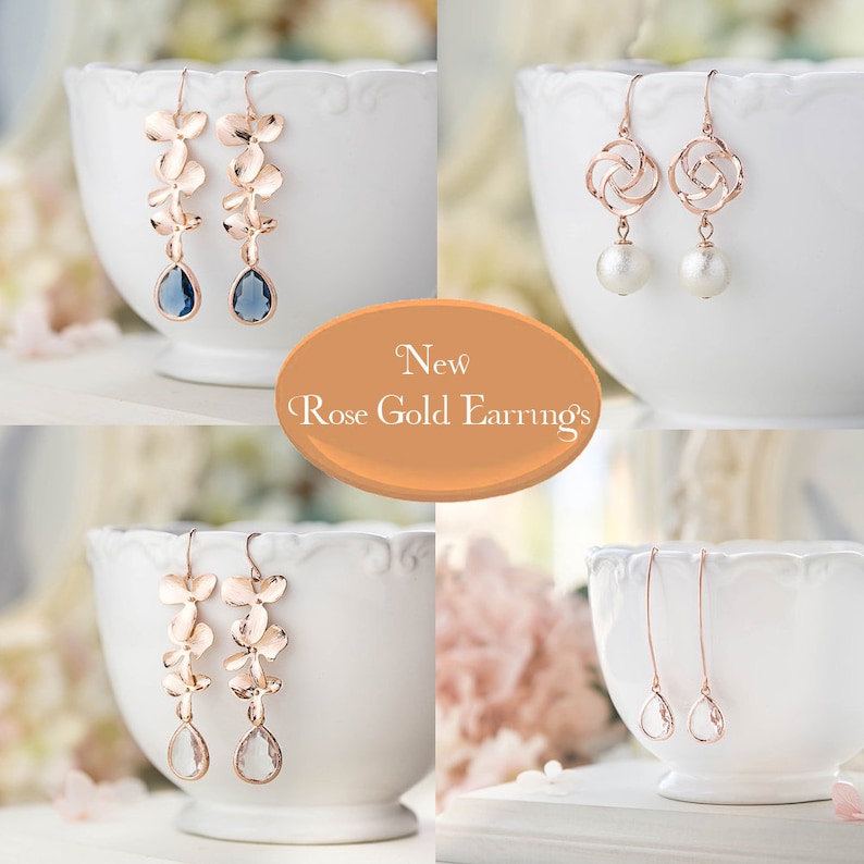 Rose Gold Earrings, Navy Blue Wedding Bridal Earrings, Bridesmaid Earrings, Orchid Flower Sapphire Blue Long Dangle Earrings, Gift for women image 5