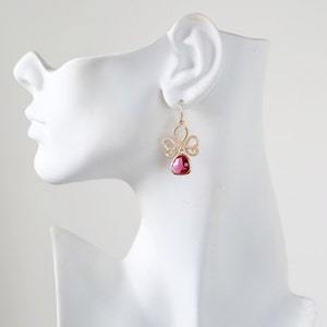 Fuchsia Pink Ruby Gold Dangle Earrings, Swirly Filigree Drop Earrings, Red Pink Wedding Jewelry, Bridal Earrings, Bridesmaid Gift image 5