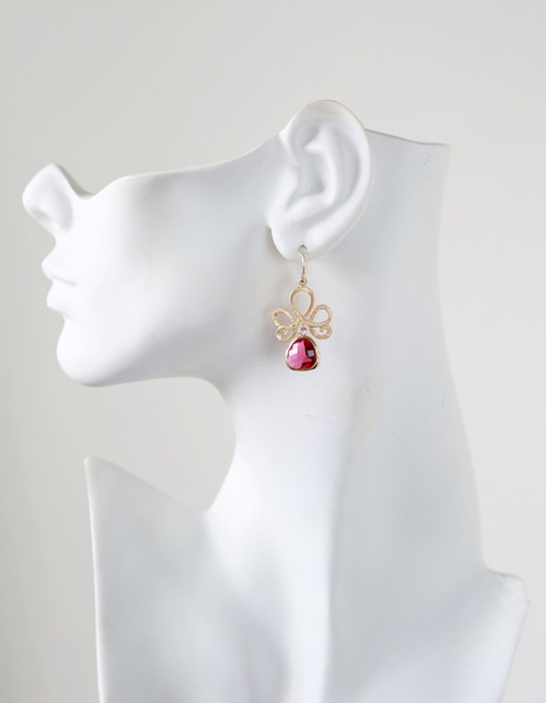 Fuchsia Pink Ruby Gold Dangle Earrings, Swirly Filigree Drop Earrings, Red Pink Wedding Jewelry, Bridal Earrings, Bridesmaid Gift image 5