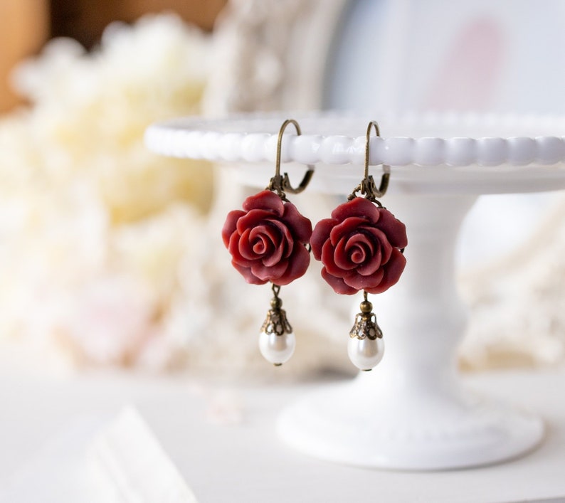 Dark Red Earrings Burgundy Flower Earrings, Cream White Pearl Earrings, Marsala Maroon Wedding Jewelry, Bridesmaid Gift, Vintage Style image 1