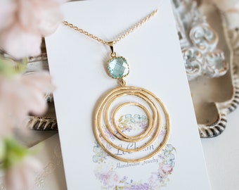 Aquamarine Blue Crystal Gold Circle Pendant Necklace. Light Blue Stone Necklace, March Birthstone Jewelry, Gift for Her, Gift for Women