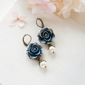 Dark Blue Earrings, Blue Flower with Cream Pearl Earrings, Navy Blue Earrings, Rose Earrings, Something Blue Wedding Bridesmaid Earrings image 2