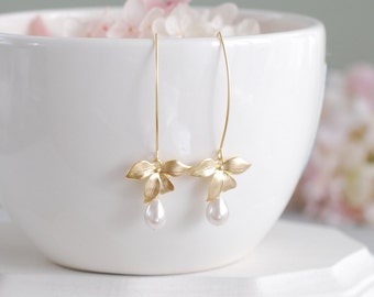 Bridal Pearl Earrings, Wedding Pearl Earrings, Cream White Teardrop Pearls Gold Orchid Flower Long Dangle Earrings, Bridesmaid Earrings Gift