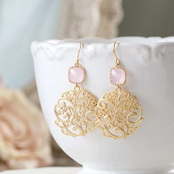 Blush Pink and Gold Dangle Earrings Ice Pink Glass Gold Paisley Filigree Earrings Pink Wedding Bridal Earrings Bridesmaid Earrings Pink Opal