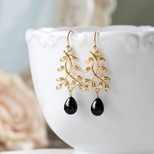 Black and Gold Dangle Earrings Gold Leaf Branch Earrings Black Teardrop Pearl Earrings Black Drop Earrings Twig Earrings Gift for Her