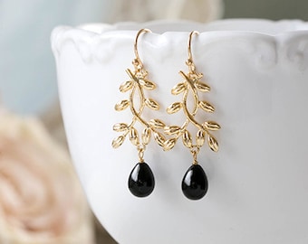 Black and Gold Dangle Earrings Gold Leaf Branch Earrings Black Teardrop Pearl Earrings Black Drop Earrings Twig Earrings Gift for Her