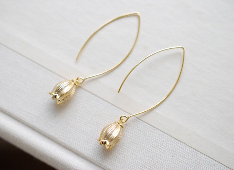 Gift for Mom Sister Aunt Matte Gold Lily of The Valley Flower Long Dangle Earrings Everyday Earrings Lily of the Valley Earrings
