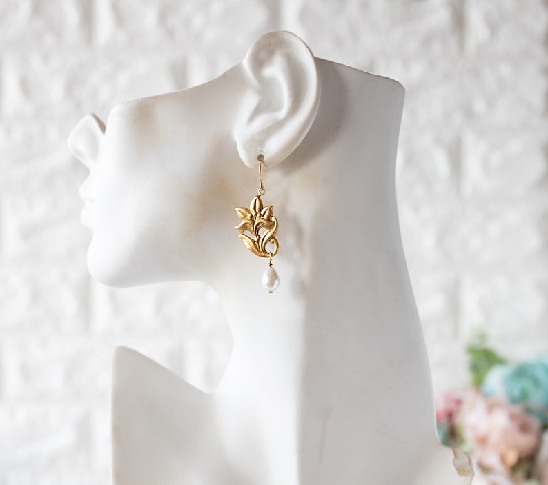 Lily Earrings Lily Jewelry Gold Brass Lily Flower Cream Etsy