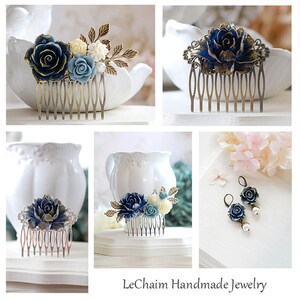 Dark Blue Earrings, Blue Flower with Cream Pearl Earrings, Navy Blue Earrings, Rose Earrings, Something Blue Wedding Bridesmaid Earrings image 5