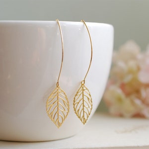 Gold Leaf Earrings. Filigree Leaf Earrings. Long Dangle Leaf Earrings. Leaf Jewelry.  Modern Everyday Earrings, Gift for Her, Mom, sister