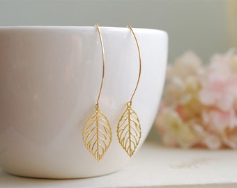 Gold Leaf Earrings. Filigree Leaf Earrings. Long Dangle Leaf Earrings. Leaf Jewelry.  Modern Everyday Earrings, Gift for Her, Mom, sister