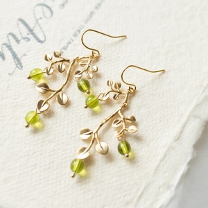 Peridot Green Earrings, Gold Leaf Tree Branch Dangle Earrings, chandelier Earrings, Summer Jewelry, Plant, Nature, August Birthstone image 10