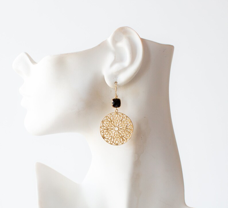 Gold and Black Earrings Boho Chic Gift for Her Jet Black Gold Filigree Earrings Gold Mesh Round Circle Earrings Gold Statement Earrings