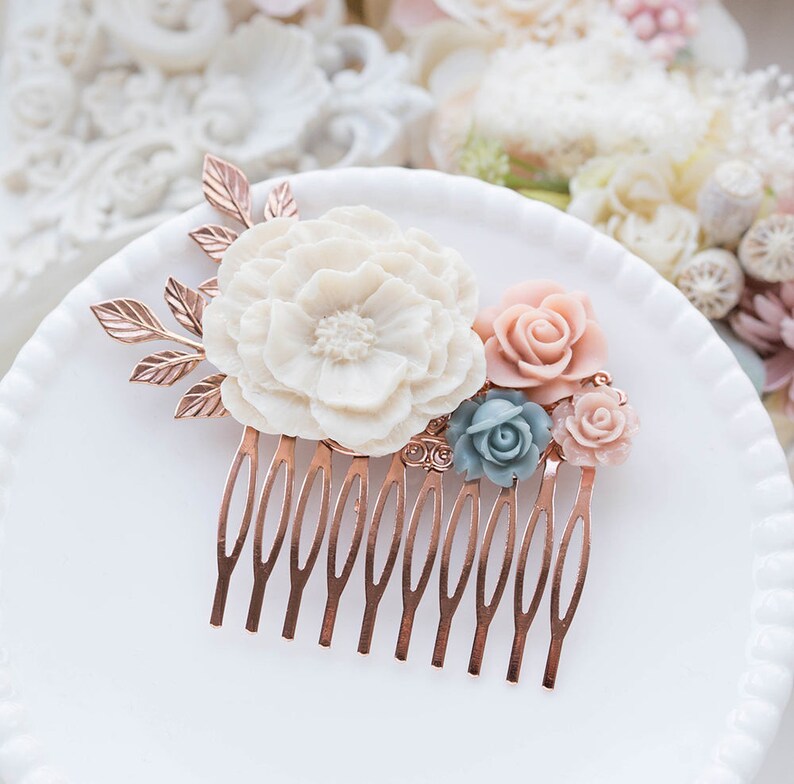 Rose Gold Hair Comb White Blush Pink and Dusty Blue Hair Piece White Peony Bridesmaid Gift Rose Gold Branch Floral Collage Chartreuse Poppy