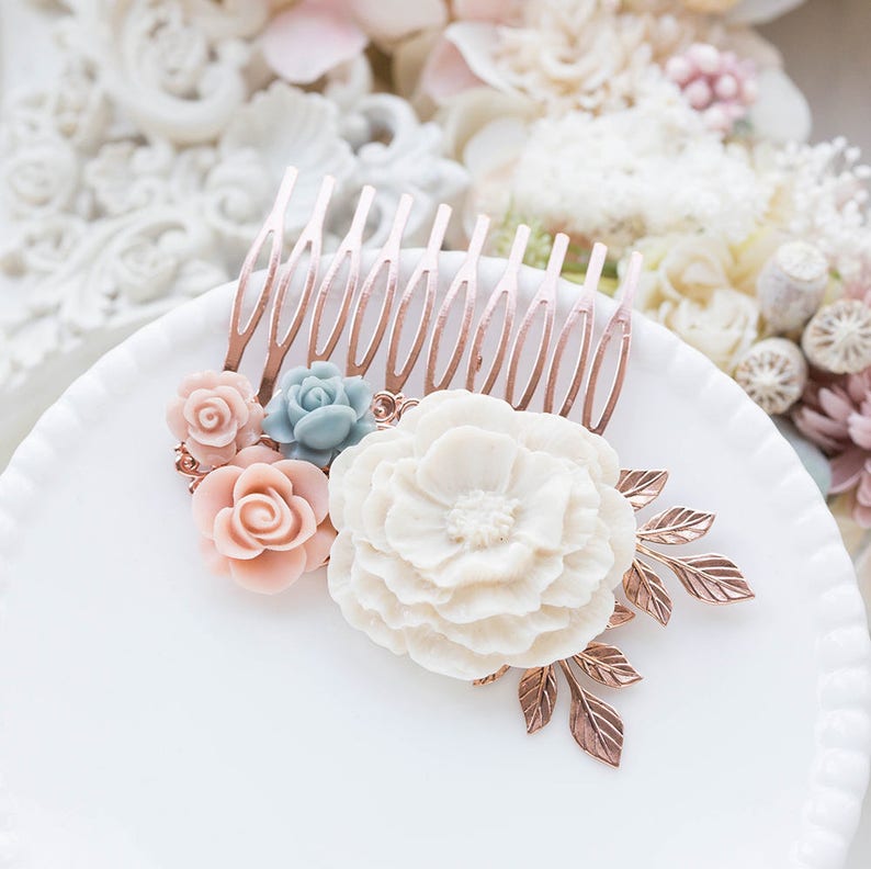 Rose Gold Hair Comb White Blush Pink and Dusty Blue Hair Piece White Peony Bridesmaid Gift Rose Gold Branch Floral Collage Chartreuse Poppy